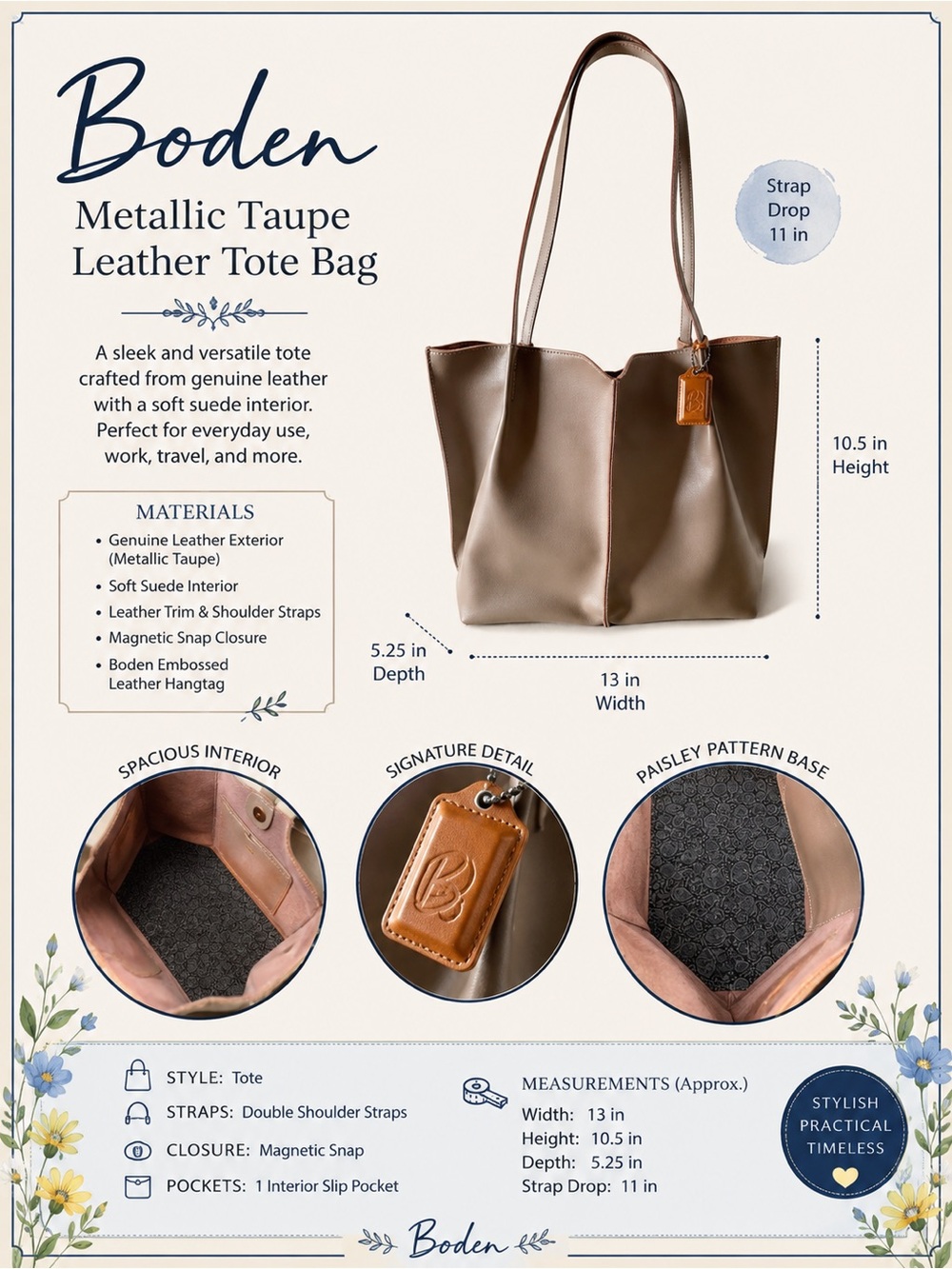 Boden Timeless & Modern Metallic Taupe Genuine Leather Purse - Like New!